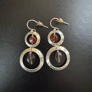 Vintage Sterling Silver Hammered Hoop Earrings with Amber and Smokey Quartz